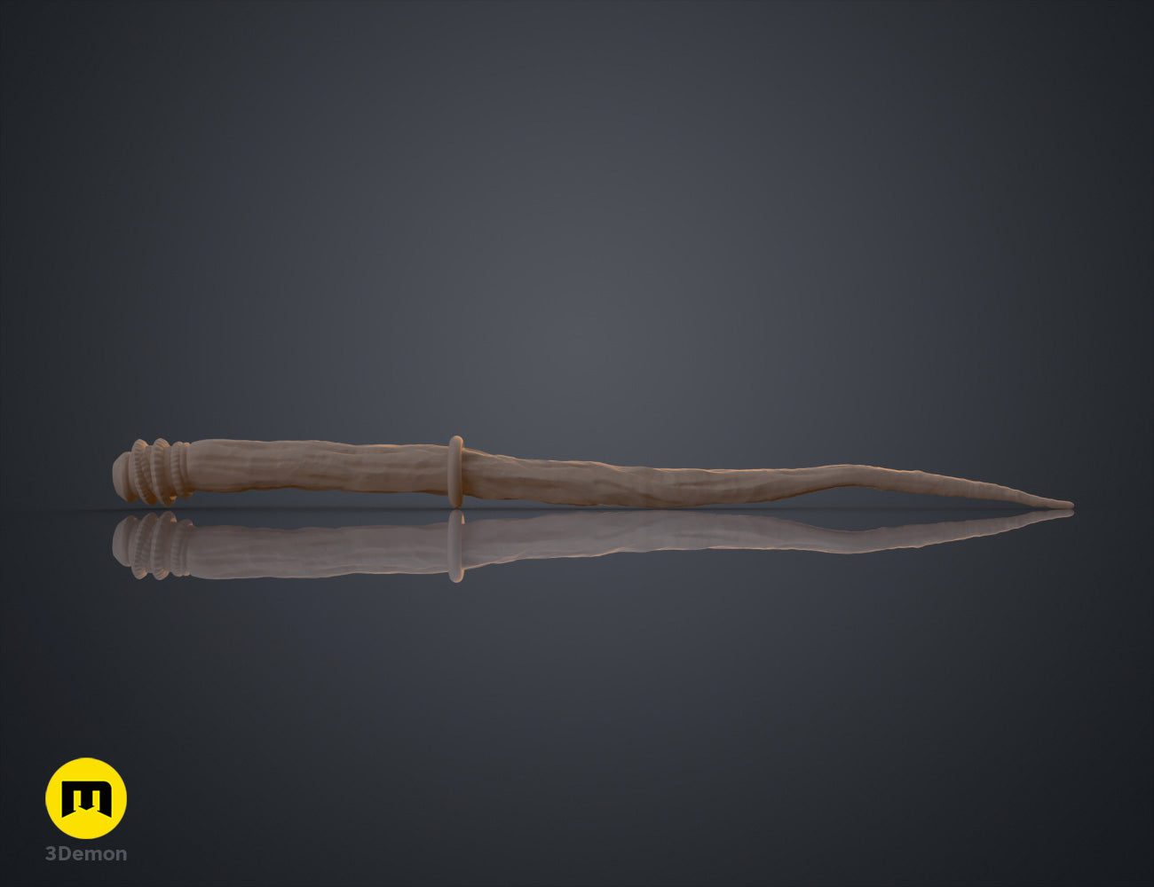 Textured 3D render of Robyn Thistlethwaite Wand, wooden-style wand with carved tip, 3D print cosplay prop.