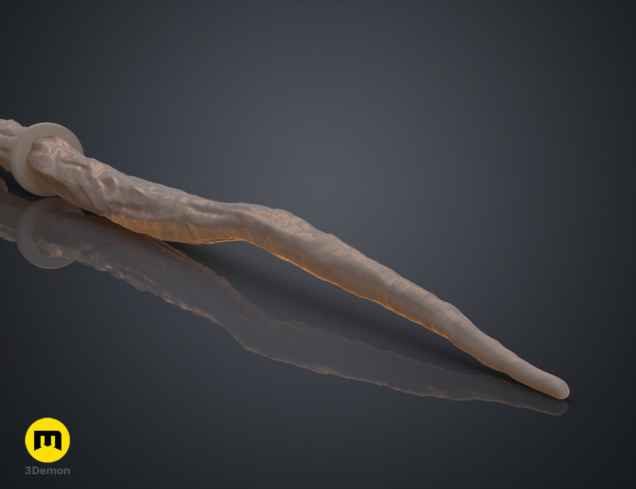 Textured 3D render of Robyn Thistlethwaite Wand, ornate golden staff with tapered tip, fantasy 3D print.