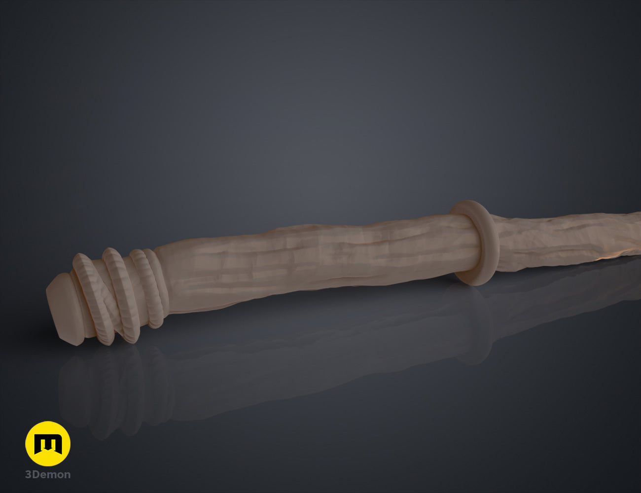 Textured 3D render of Robyn Thistlethwaite Wand, wooden-grain hilt with three prongs, cosplay prop STL.