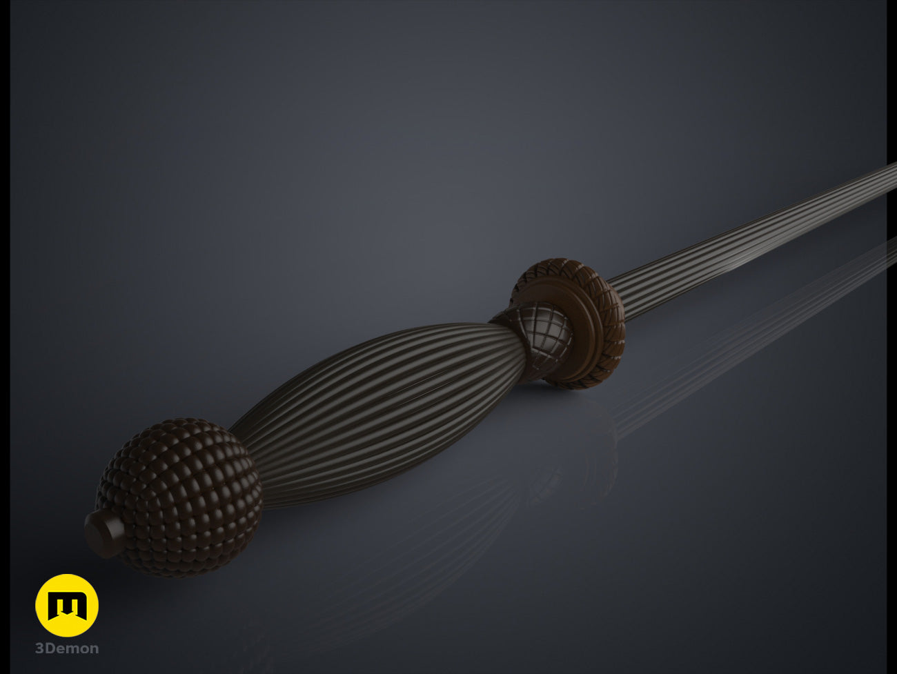 Textured 3D render of Gormlaith Gaunt’s Wand, dark braided shaft with ornate golden spherical ends, fantasy 3D print.