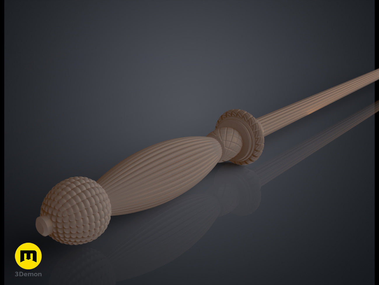 Textured 3D render of Gormlaith Gaunt’s Wand, ornate golden-brown staff with braided shaft, two spherical ends.