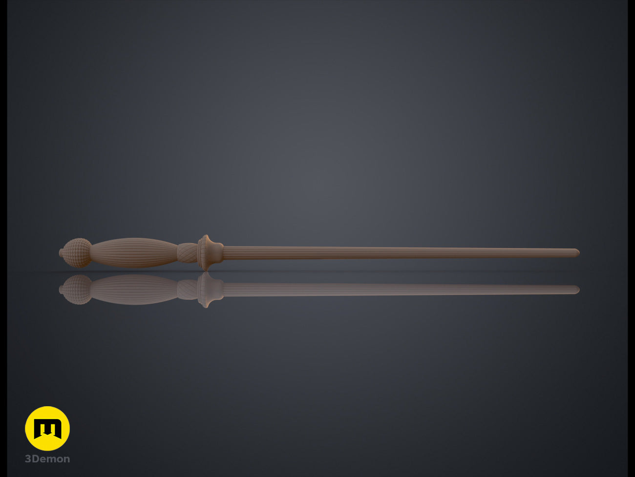 Textured 3D render of Gormlaith Gaunt’s Wand, ornate golden staff with ribbed handle and smooth shaft.