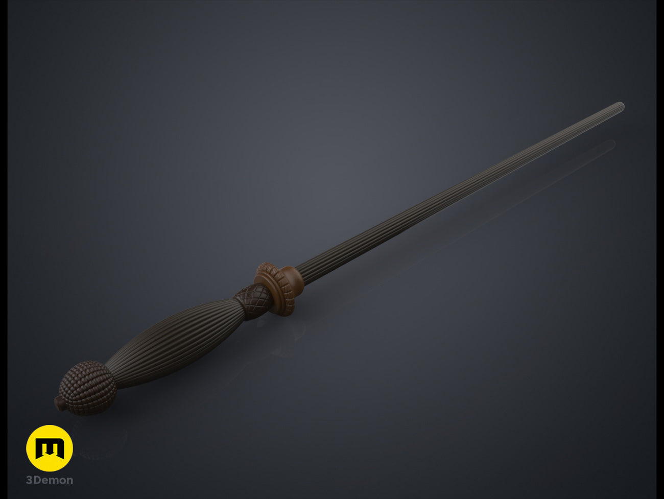 Textured 3D render of Gormlaith Gaunt’s Wand STL, dark wood handle with brass accents, five-pronged tip, 3D print.