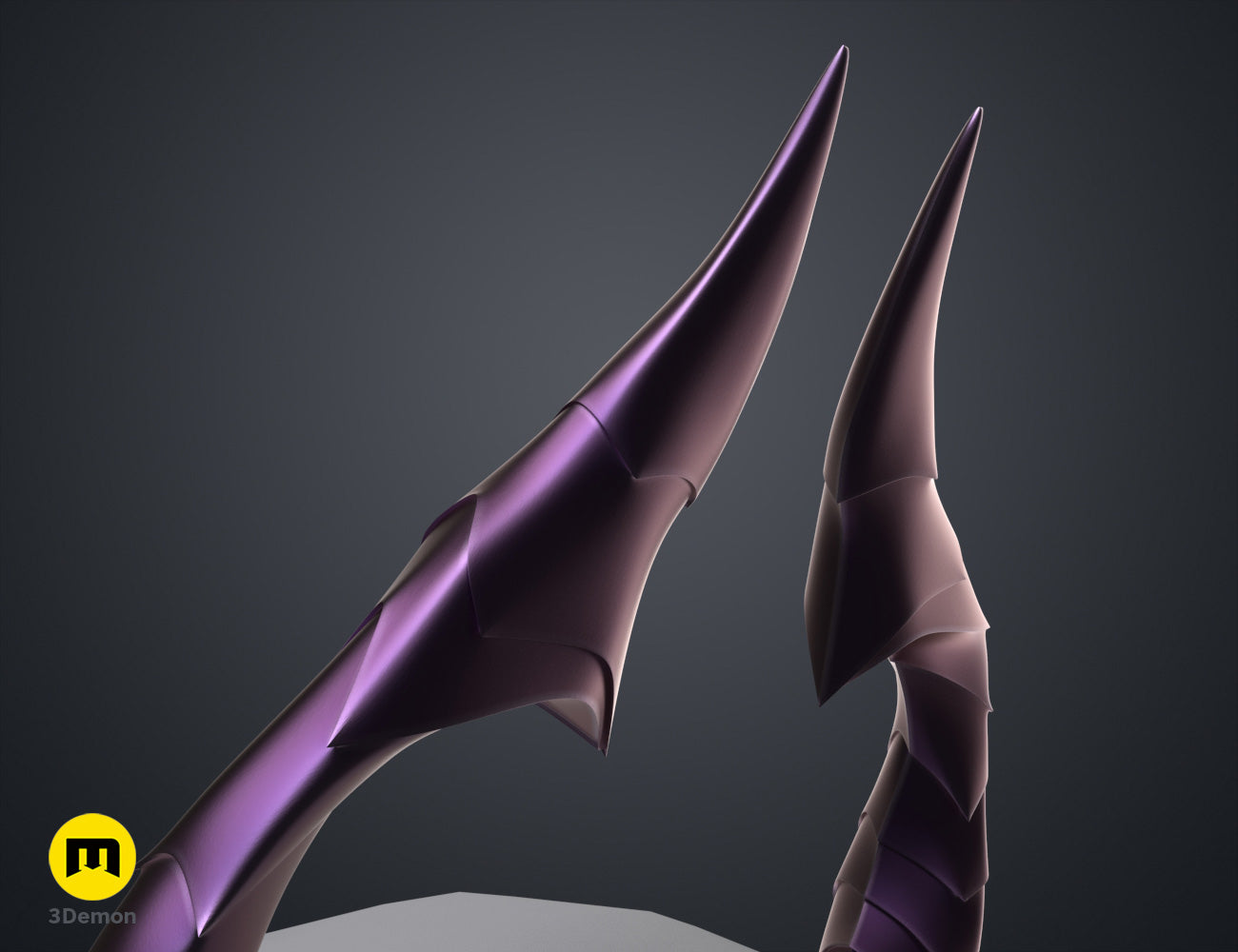 Textured 3D render of Bubi's horns STL, purple dual-pronged VTuber cosplay prop.