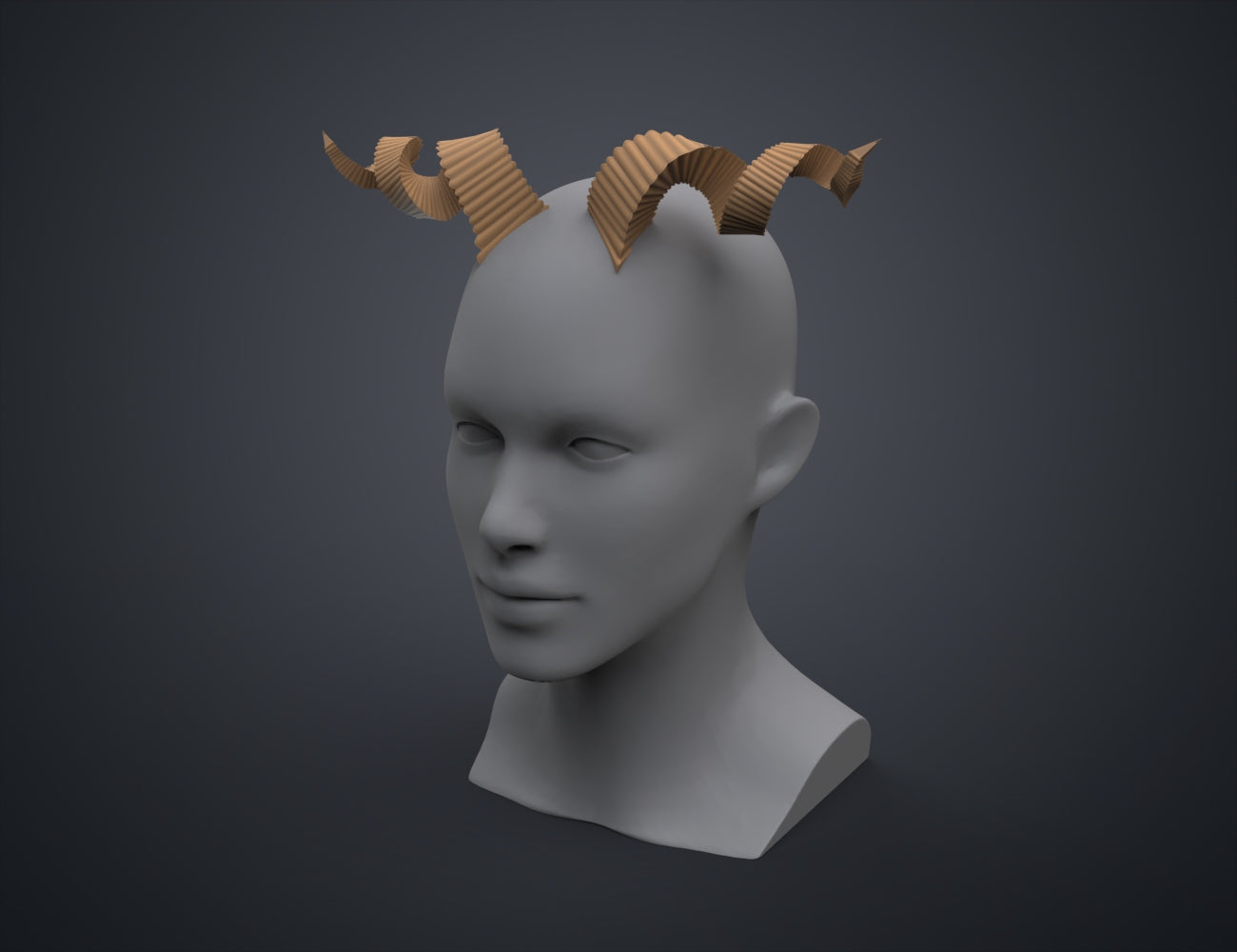 Digital 3D render of Fearne Calloway Horn STL, two curved golden horns, cosplay prop.