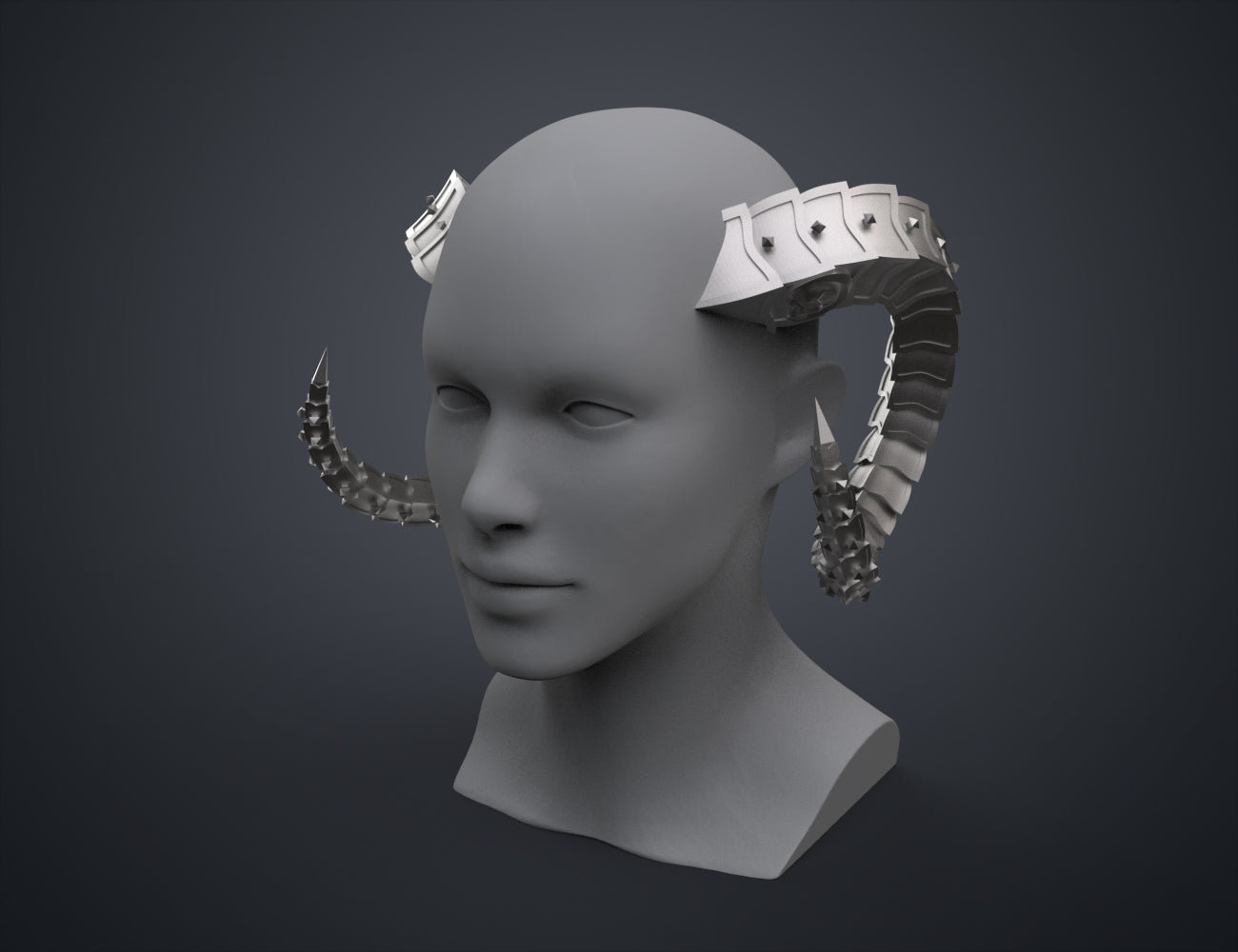 Digital 3D render of Metal Horns STL, dual curved metallic horns with spiked details, 3D print cosplay prop.