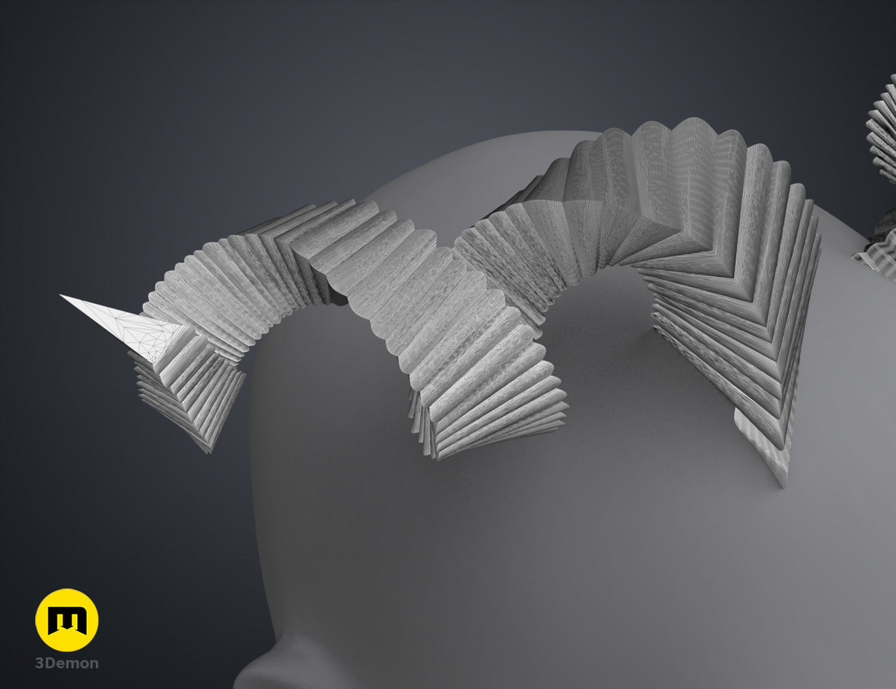Digital 3D render of Fearne Calloway Horns - Critical Role, silver 3D printed cosplay prop with 3 curved prongs.