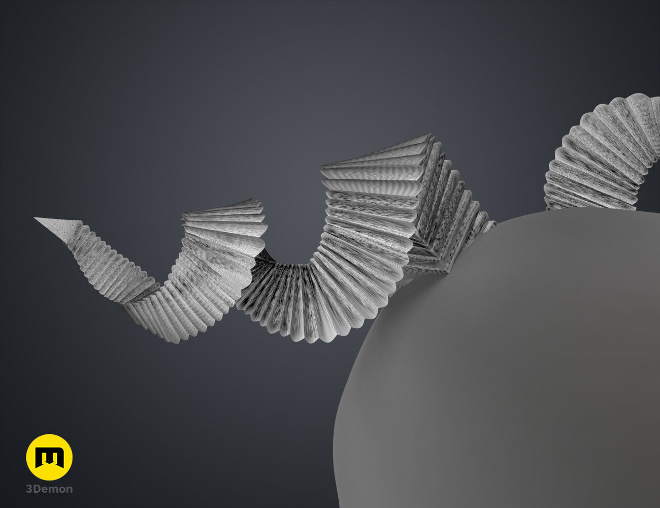 3D model render of Fearne Calloway Horns - Critical Role, silver twisted dual-horn cosplay prop, STL.