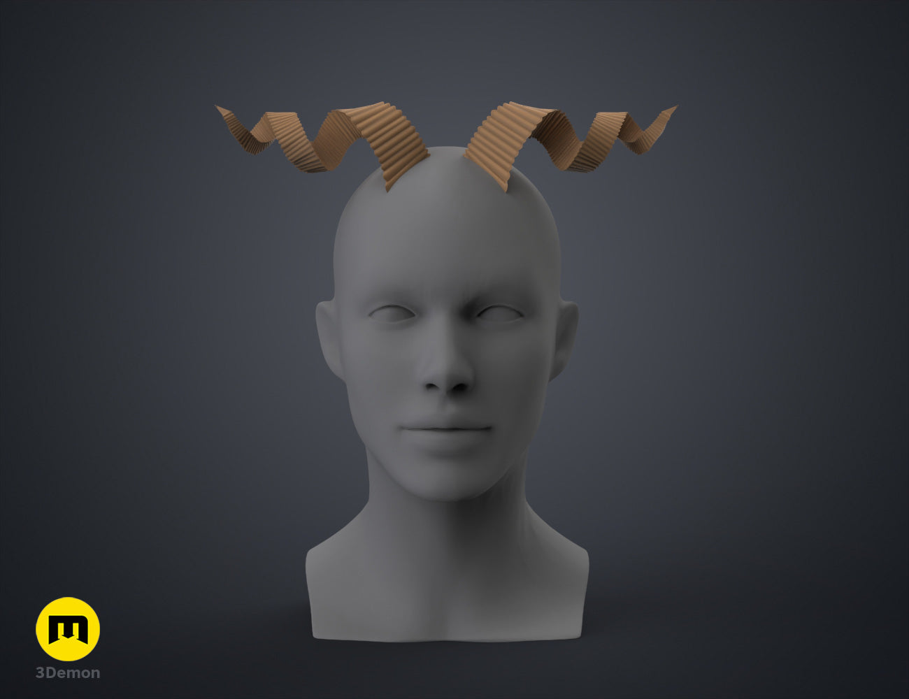 Digital 3D render of Fearne Calloway Horn STL, two orange spiral horns, Critical Role cosplay prop.