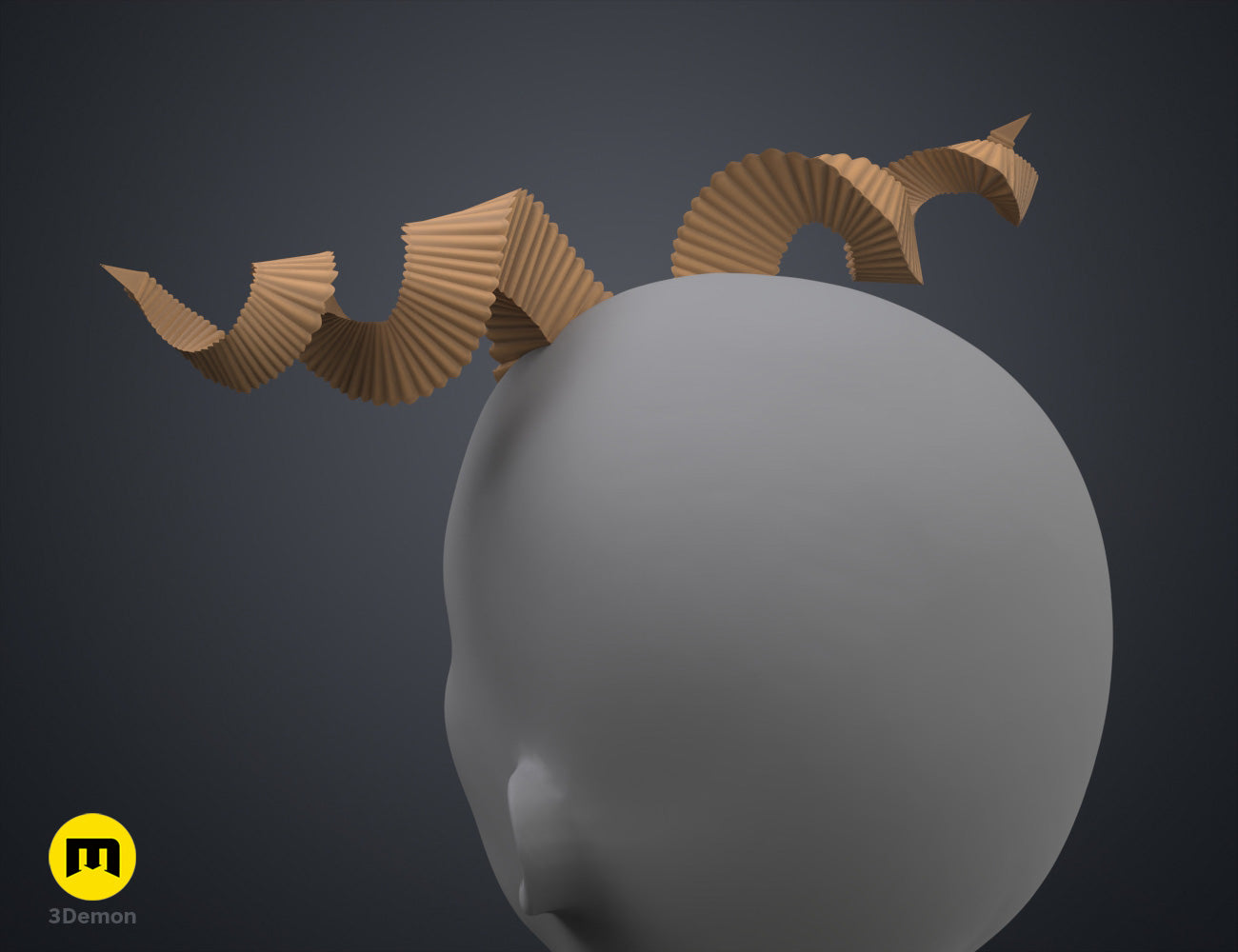 Digital 3D render of Fearne Calloway Horns STL, dual orange curved prongs, printable cosplay prop.