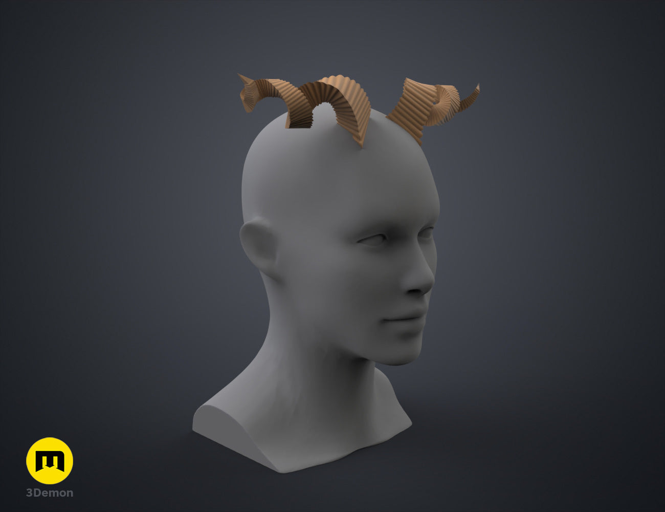 Digital 3D render of Fearne Calloway Horn STL, dual orange spiral horns, printable cosplay prop.
