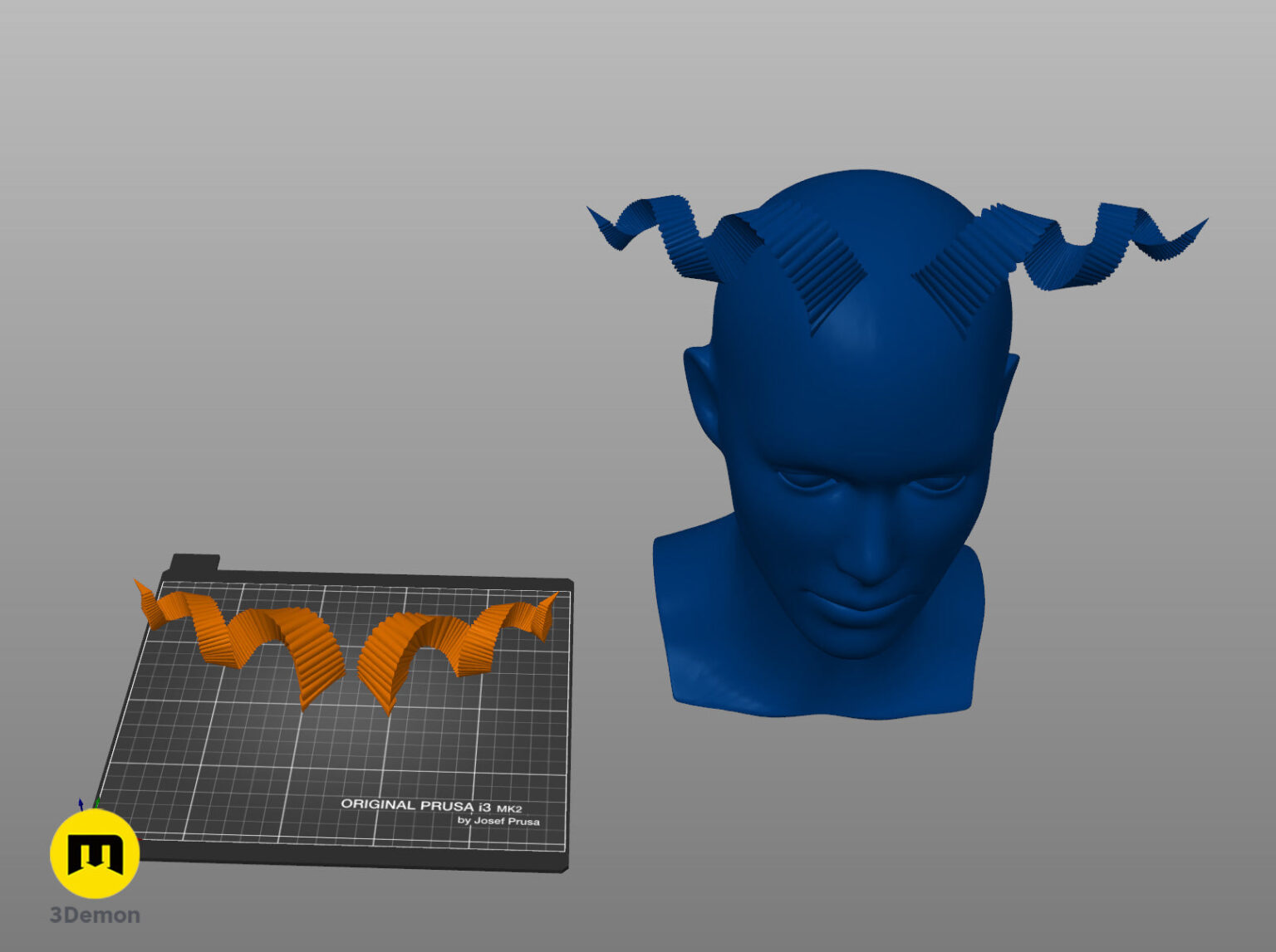 Slicer screenshot of Fearne Calloway Horns STL, blue dual-curved horns on Prusa i3 MK2 bed.