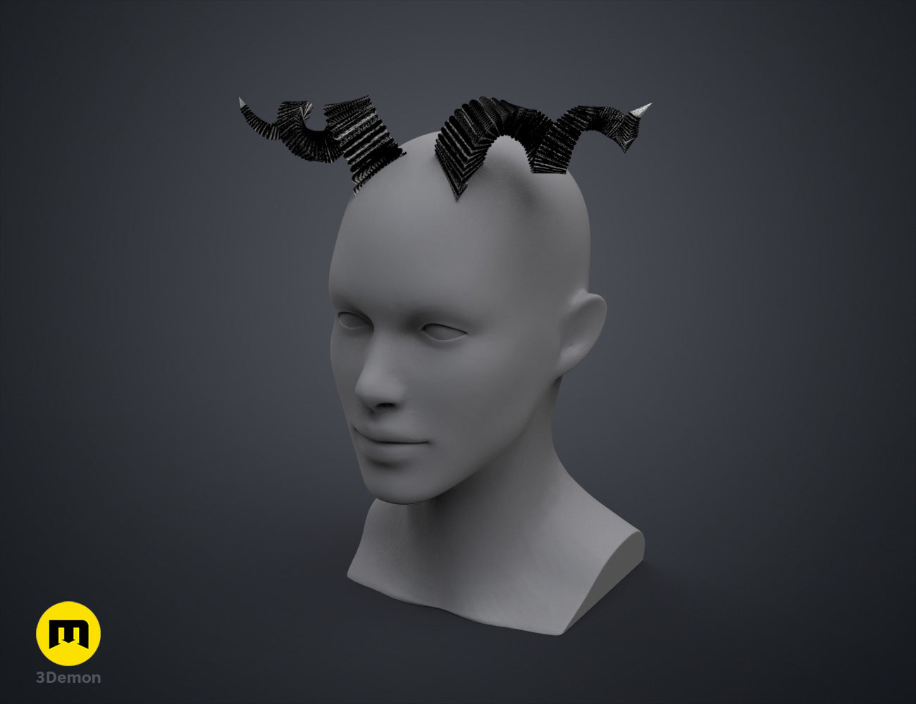 3D model render of Fearne Calloway Horns STL, black dual curved horns, Critical Role cosplay prop.