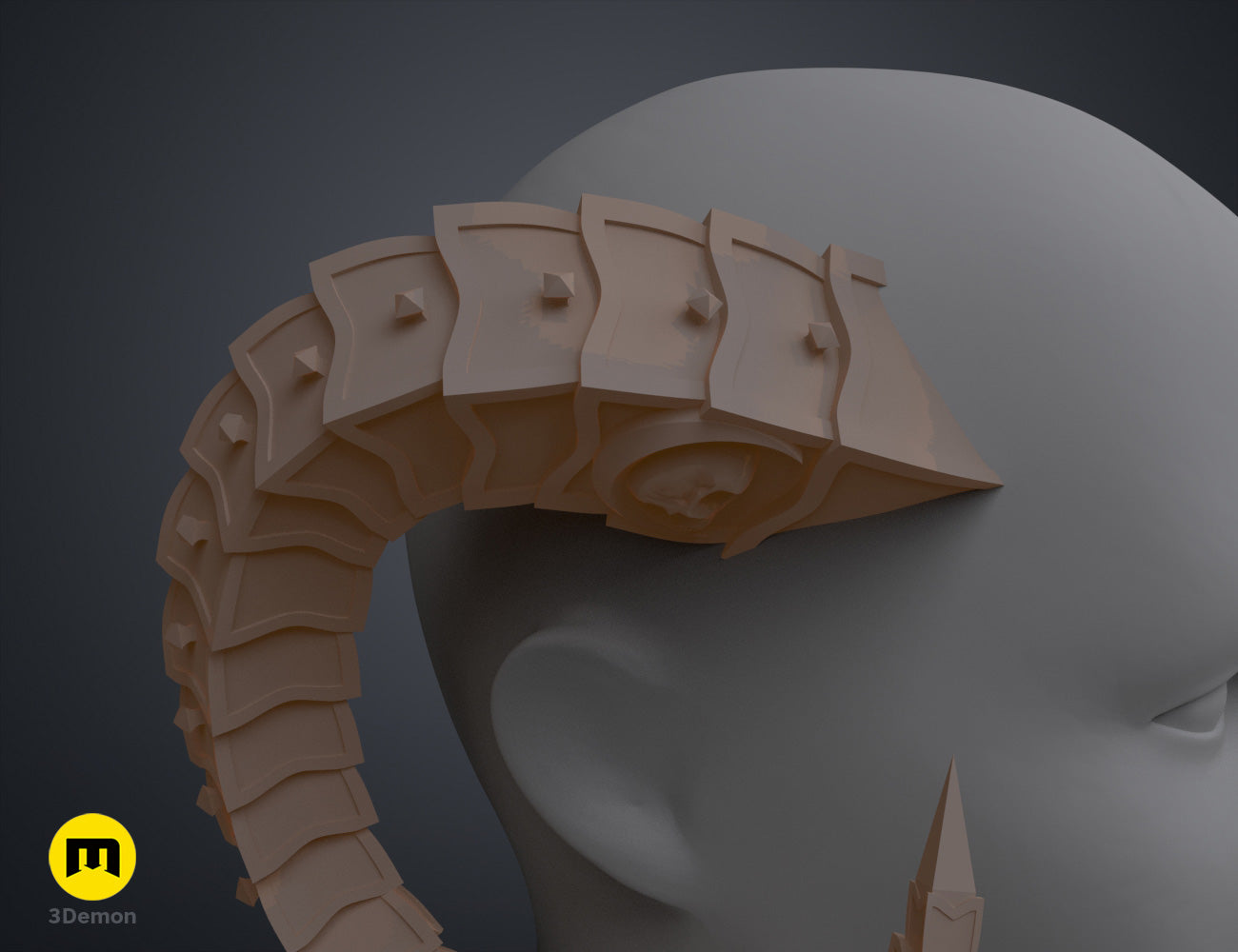 3D model render of Metal Horns STL, brown segmented cosplay prop with 6 prongs, printable 3D print.