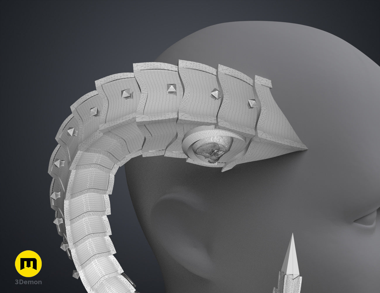 Wireframe mesh render of Metal Horns STL, grey polygonal horn with 12 prongs for 3D print.