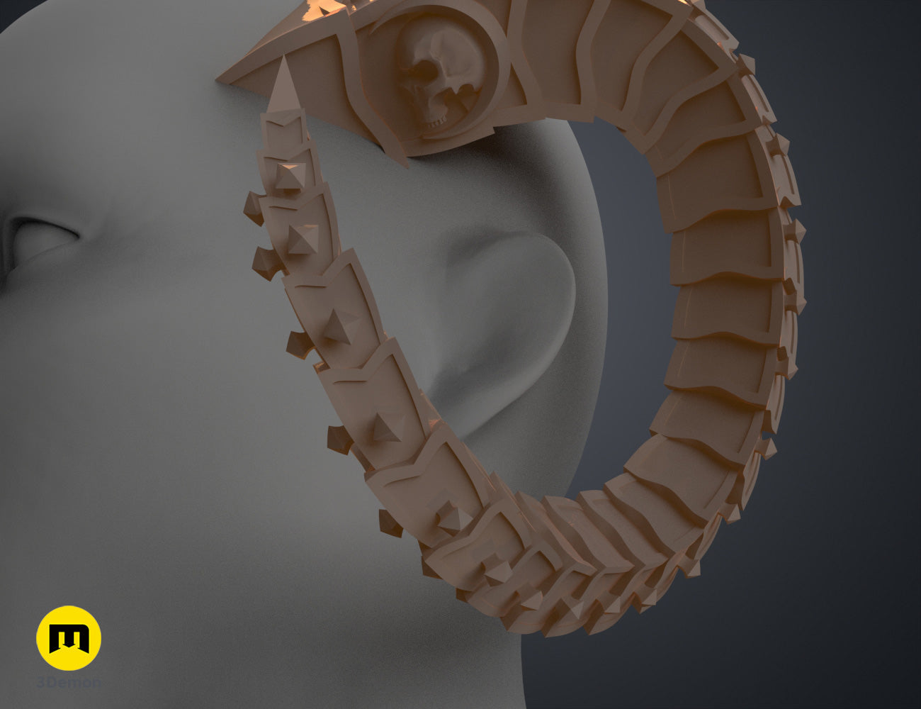 Digital 3D render of Metal Horns STL, brown segmented cosplay prop with 2 curved prongs.