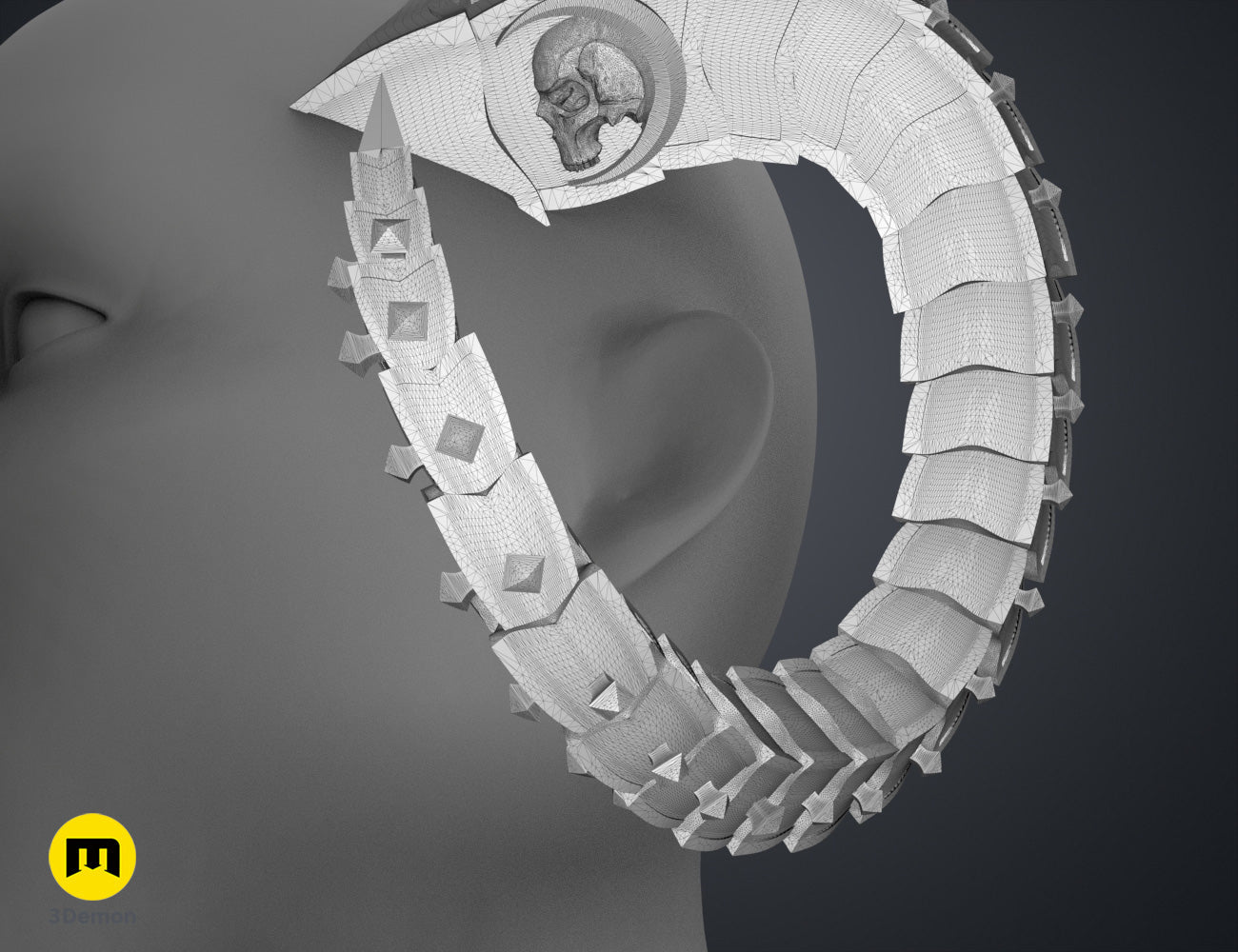 Wireframe mesh render of Metal Horns STL, grey mesh topology, curved dual-horn cosplay prop
