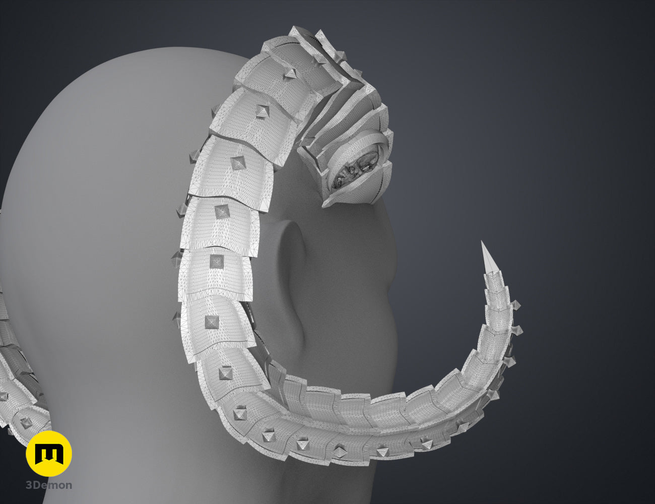 Digital 3D render of Metal Horns STL, 3D printed grey segmented horns with sharp prongs.