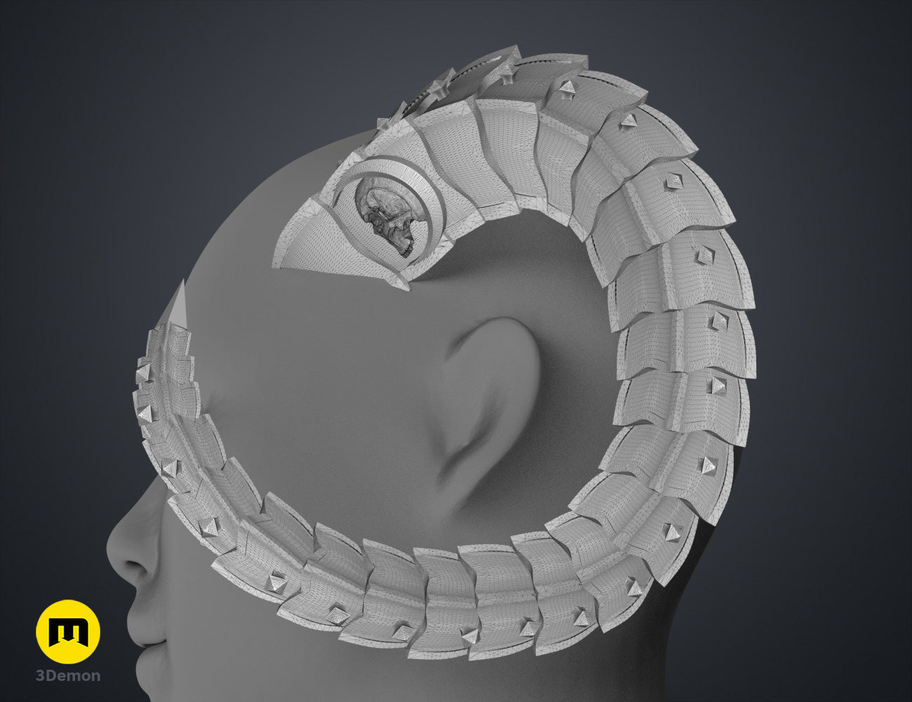 Digital 3D render of Metal Horns STL, grey segmented headpiece with 16 prongs, 3D print.