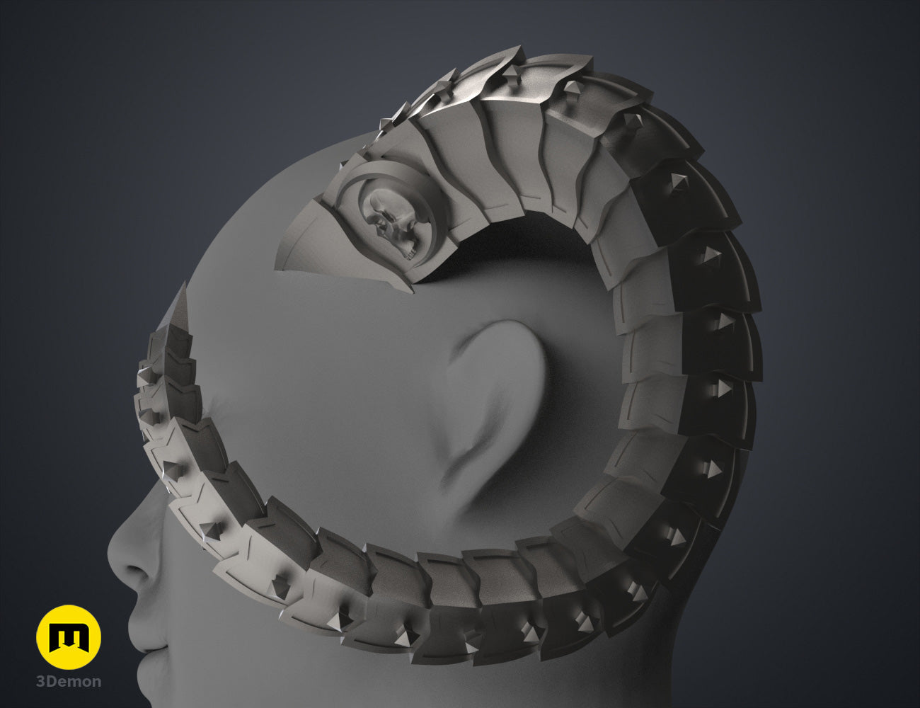 Digital 3D render of Metal Horns STL, black segmented cosplay prop with 12 sharp prongs.