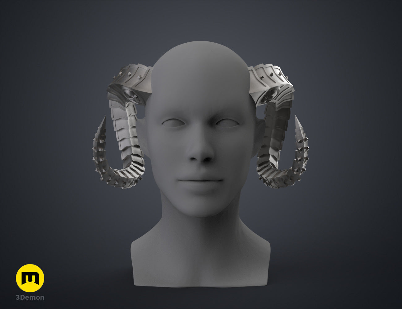 3D model render of Metal Horns STL, dual curved metallic horns for cosplay 3D print.