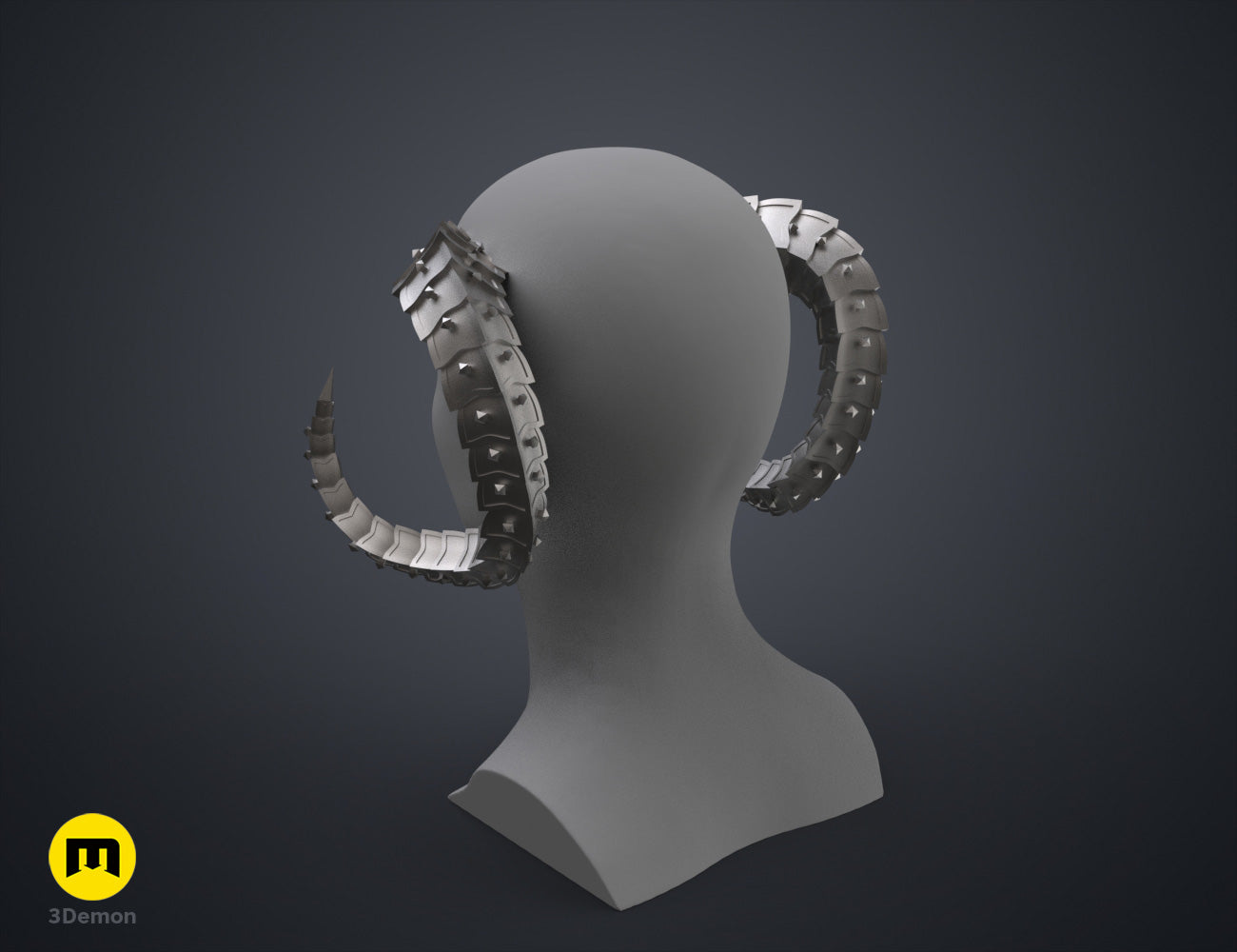 Digital 3D render of Metal Horns STL, dual black segmented horns, 3D printed cosplay prop.