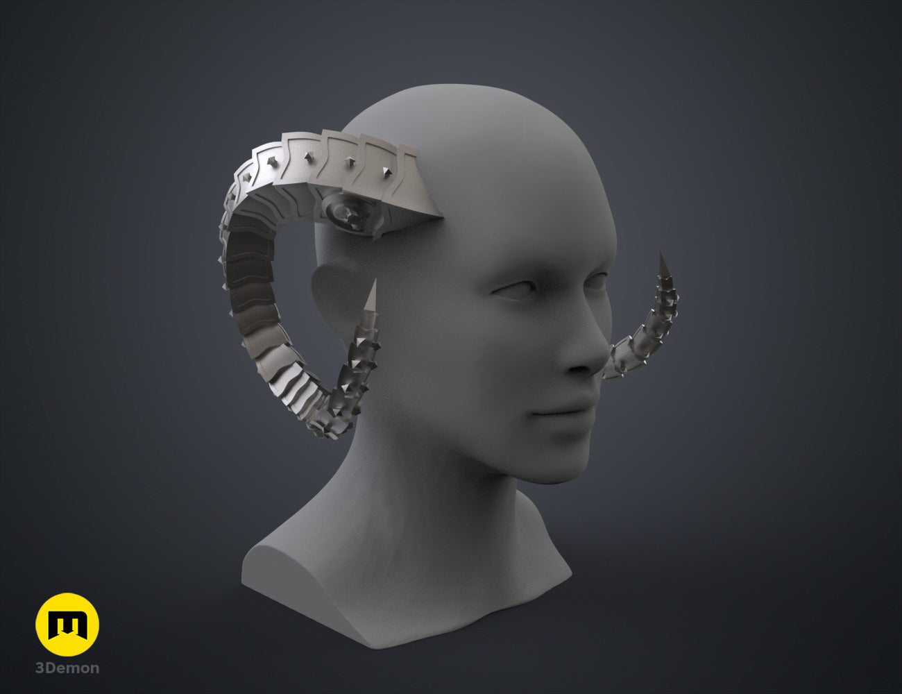 Digital 3D render of Metal Horns STL, dual curved metallic horns with nose ring, 3D printed cosplay prop.
