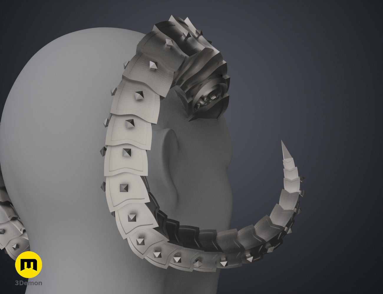 Digital 3D render of Metal Horns STL, black segmented horns with sharp prongs, 3D print.