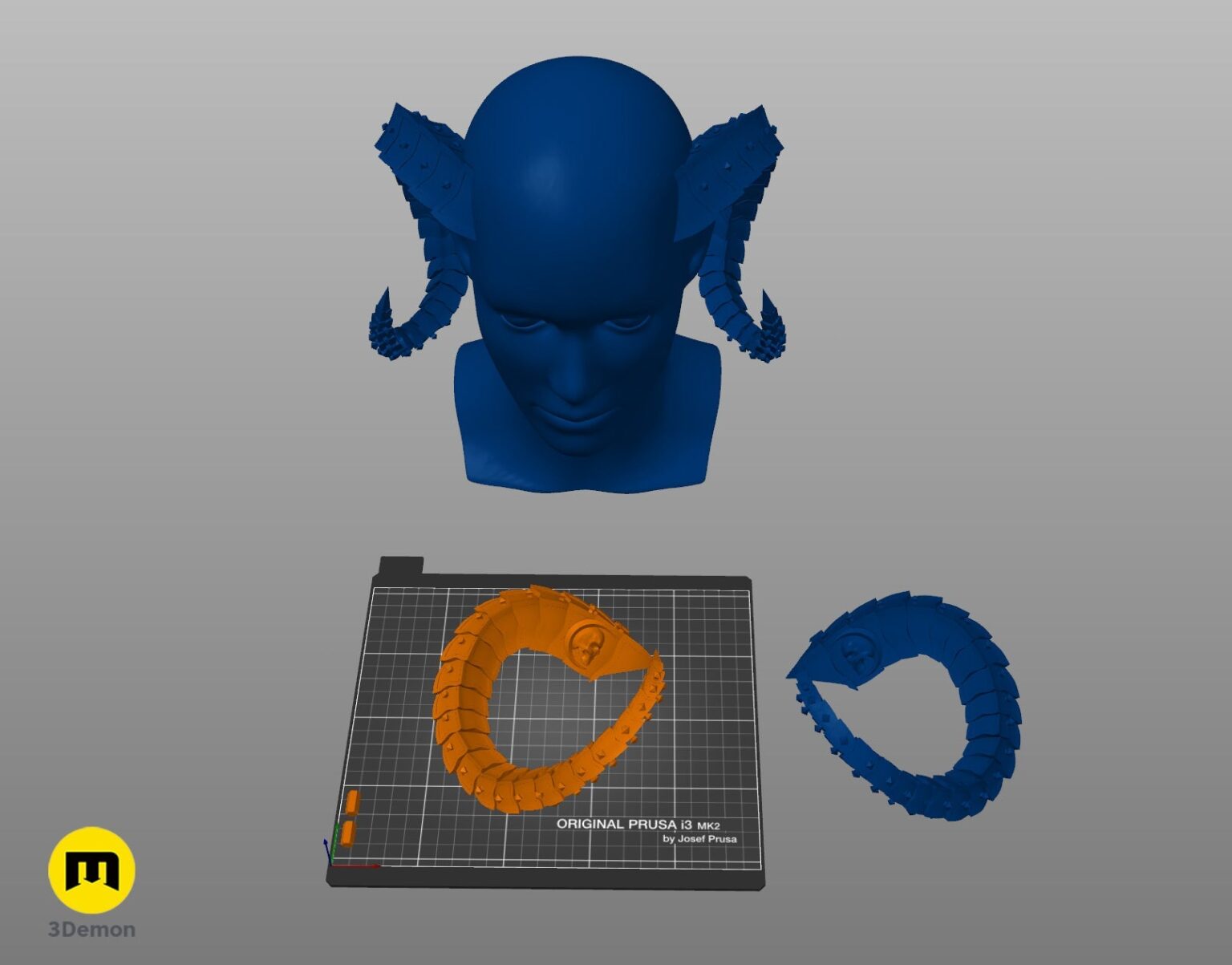 Slicer screenshot of Metal Horns STL, orange and blue dual-pronged horns on Prusa print bed