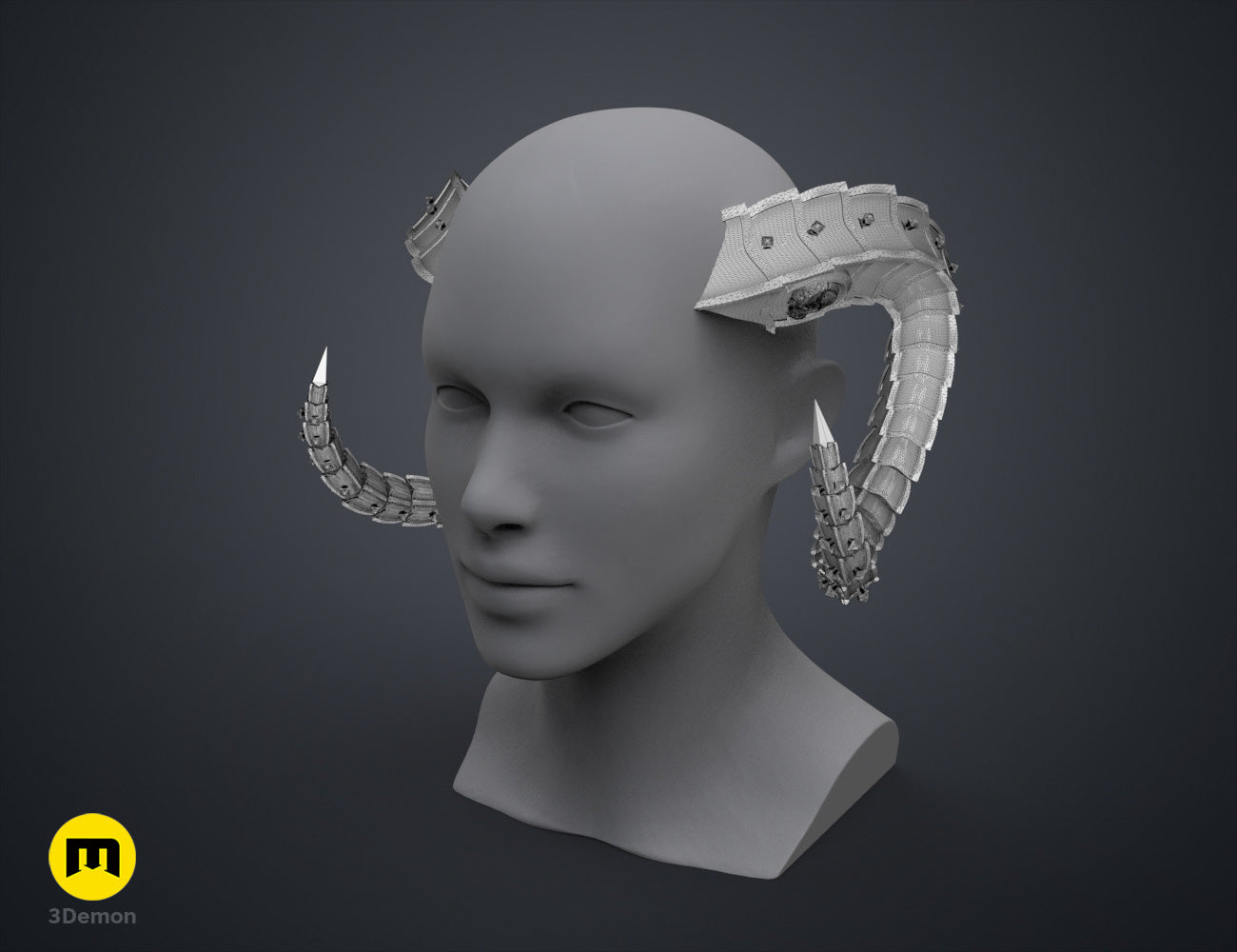 Digital 3D render of Metal Horns STL, dual curved metallic cosplay prop, 3D printed.