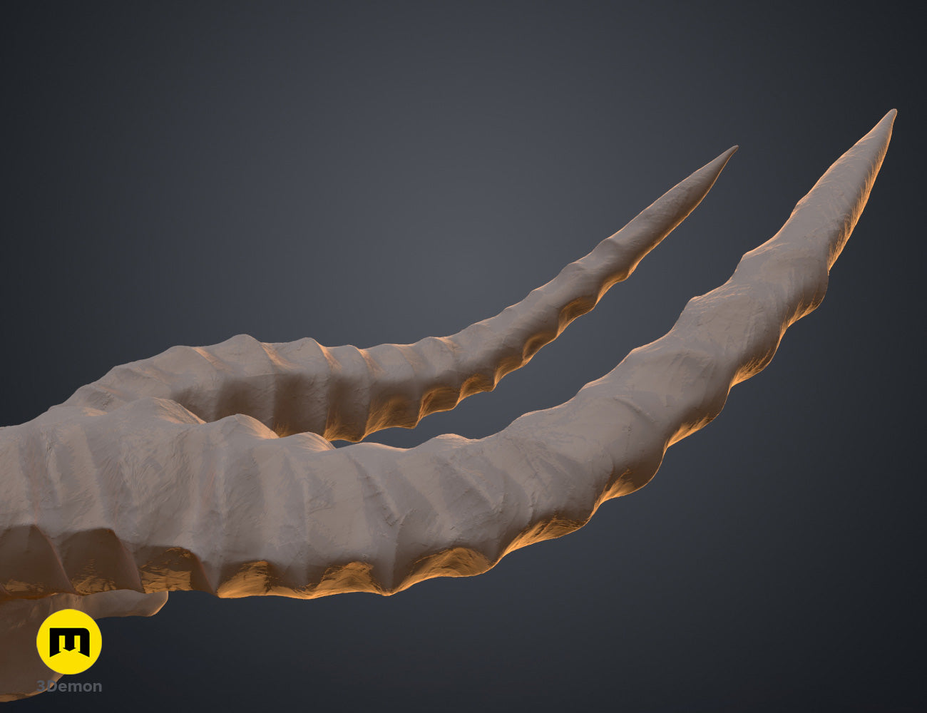 Textured 3D render of Shaman Skull with Horns STL, dual curved horns, bone-colored 3D print.