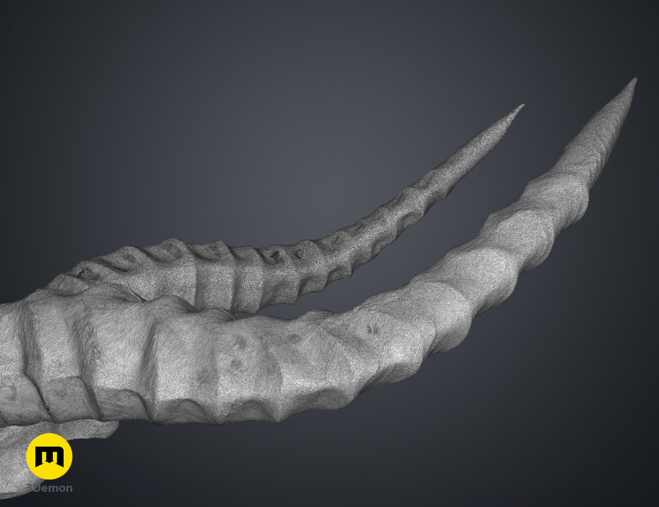 3D model render of Shaman Skull with Horns STL, dual curved horns, grey printable 3D print.