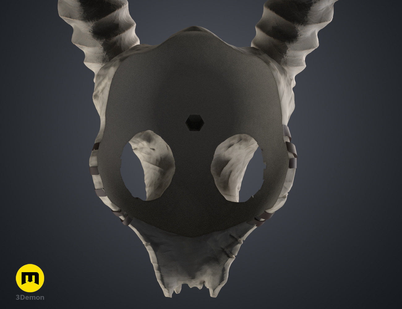 3D model render of Shaman Skull with Horns STL, dual eye sockets, grey 3D print.