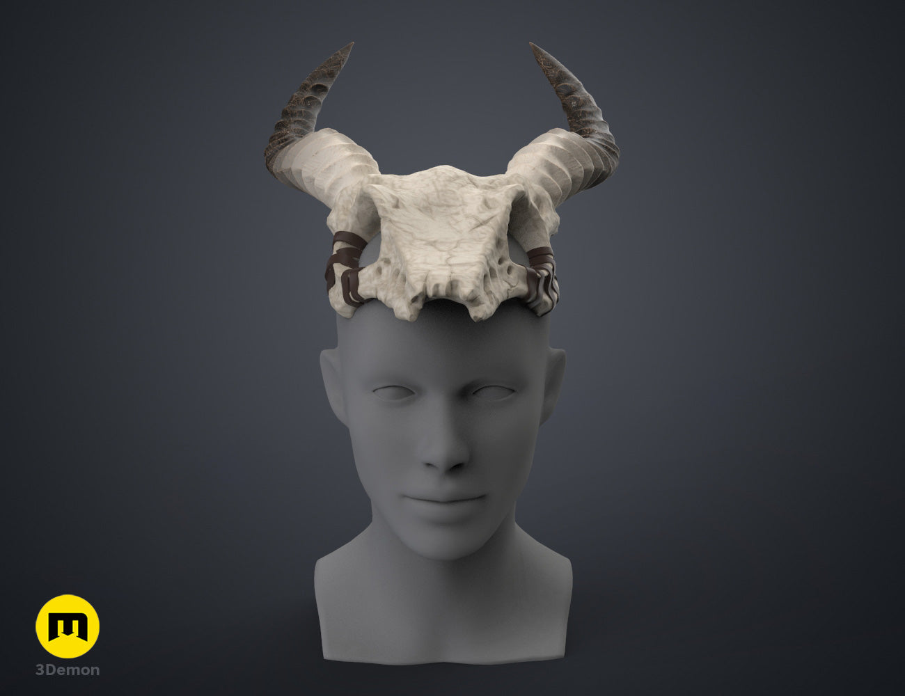 3D model render of Shaman Skull with Horns STL, white skull, dual curved horns, printable cosplay prop