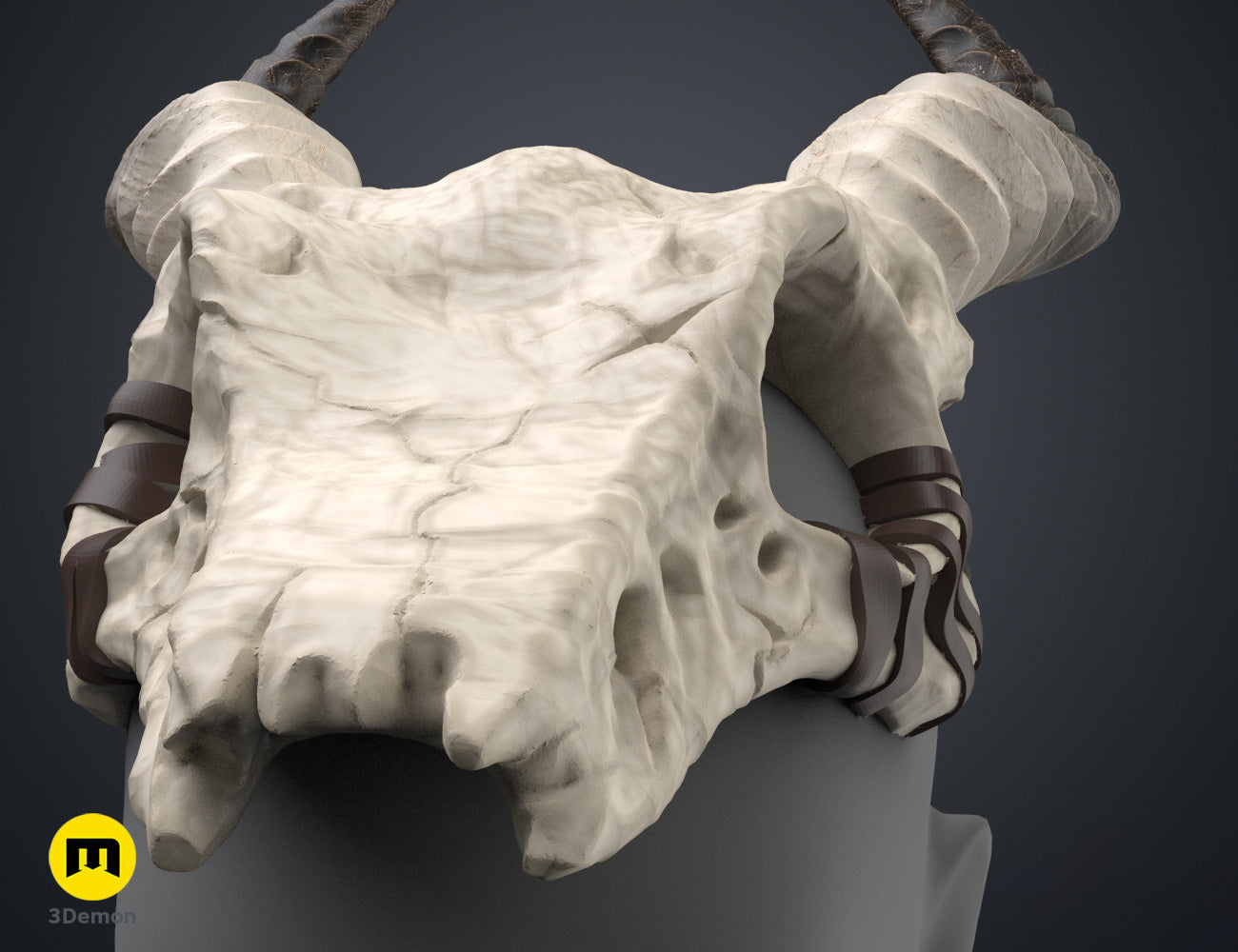 Printable 3D model of Shaman Skull with Horns, bone-white, dual-horned, 3D printed cosplay prop.