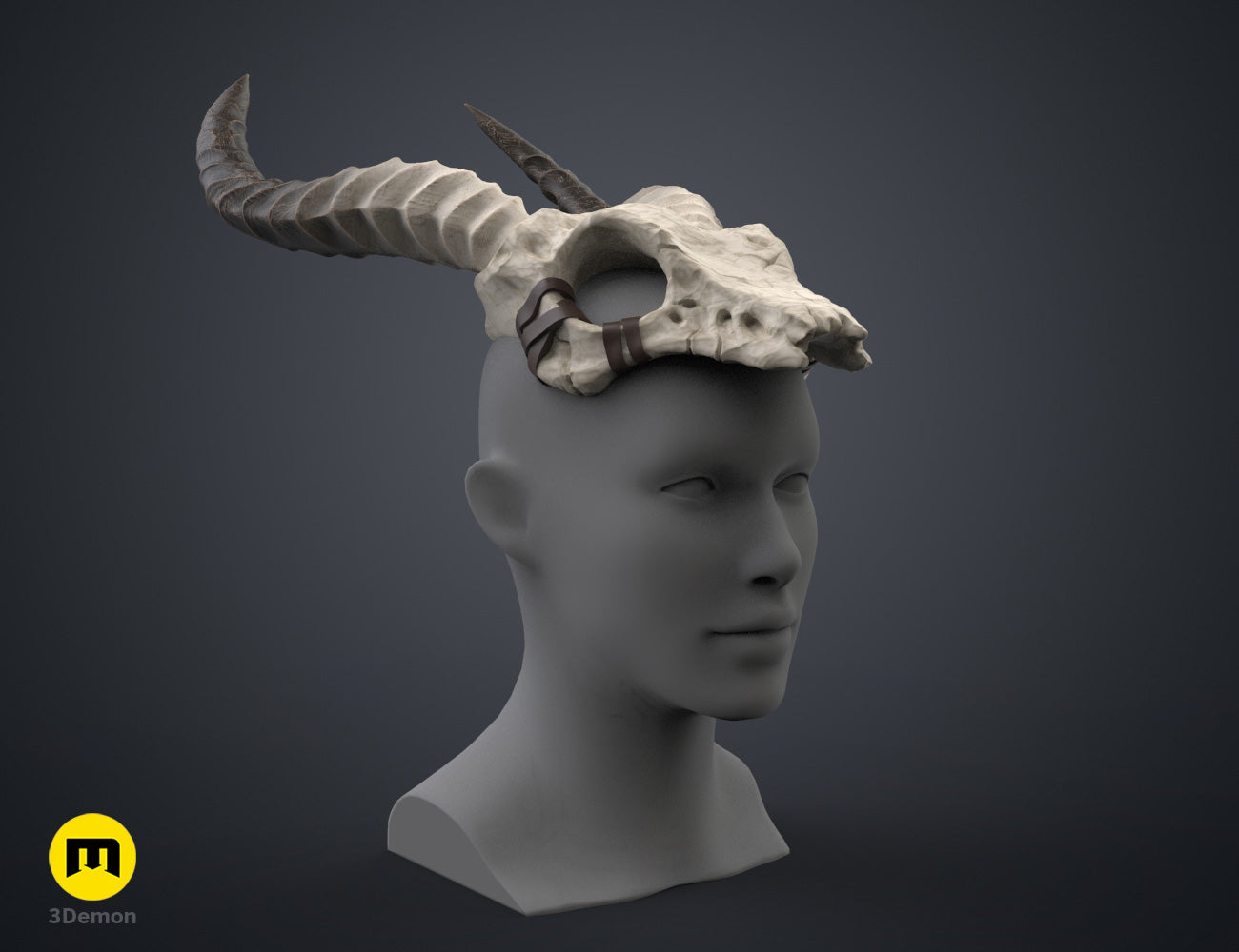 Printable 3D model of Shaman Skull with Horns, white ram skull with curved horns, cosplay prop.