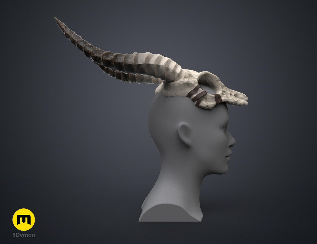Printable 3D model of Shaman Skull with Horns, dual curved horns, bone-textured cosplay prop.