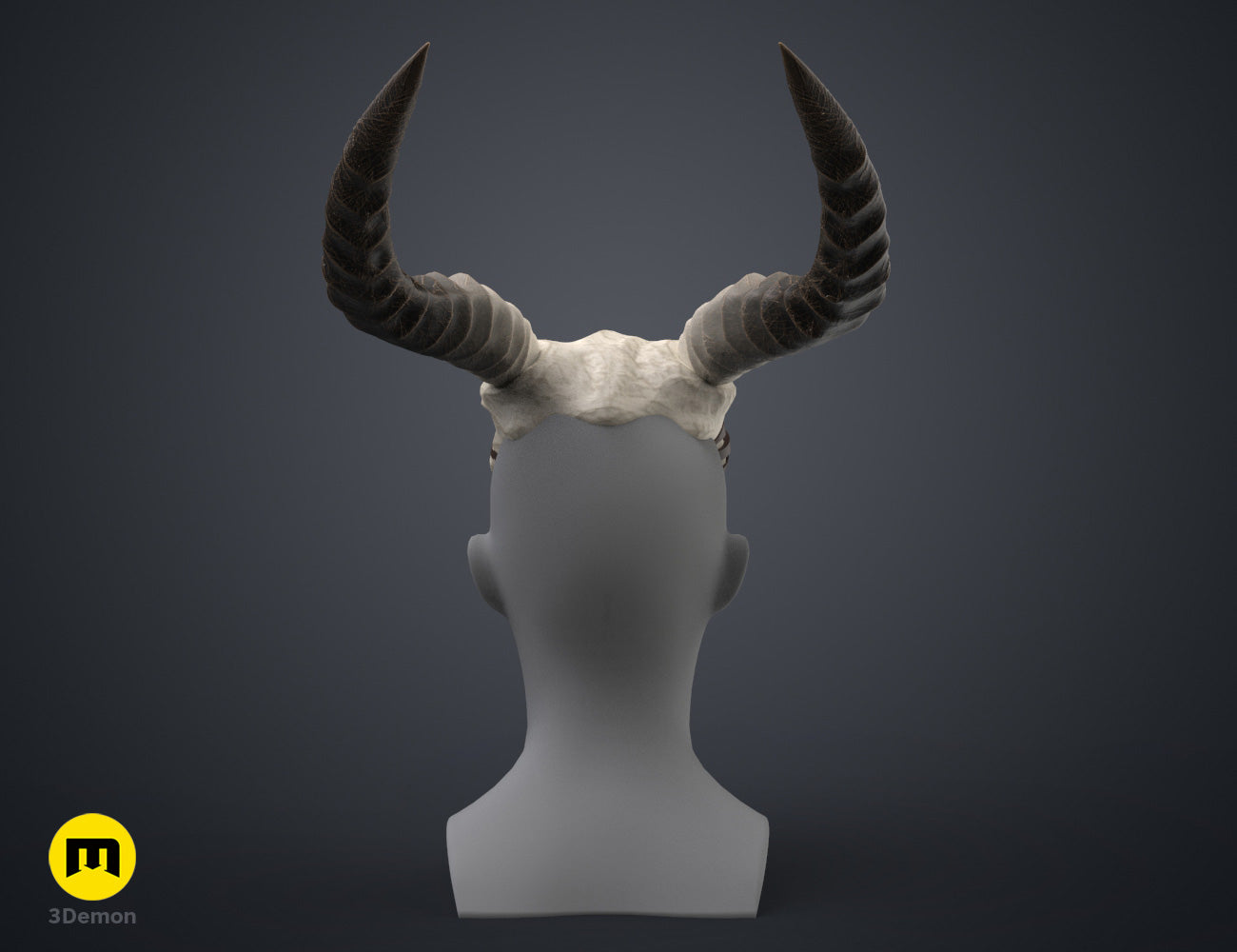 Printable 3D model of Shaman Skull with Horns, white dual-curved horned skull STL.