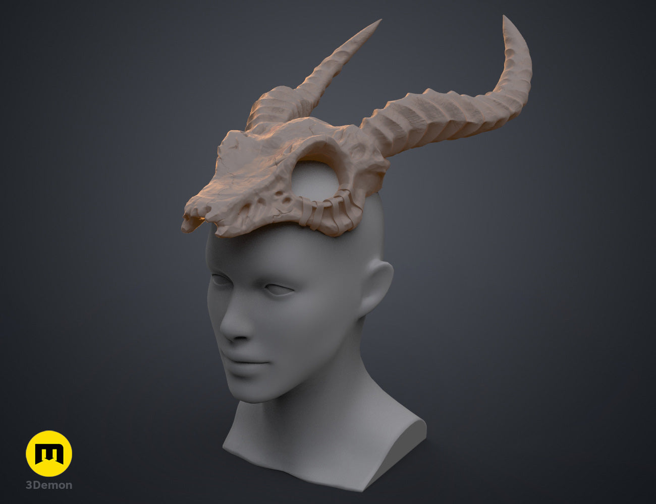 Printable 3D model of Shaman Skull with Horns, dual curved horns, textured beige 3D print.