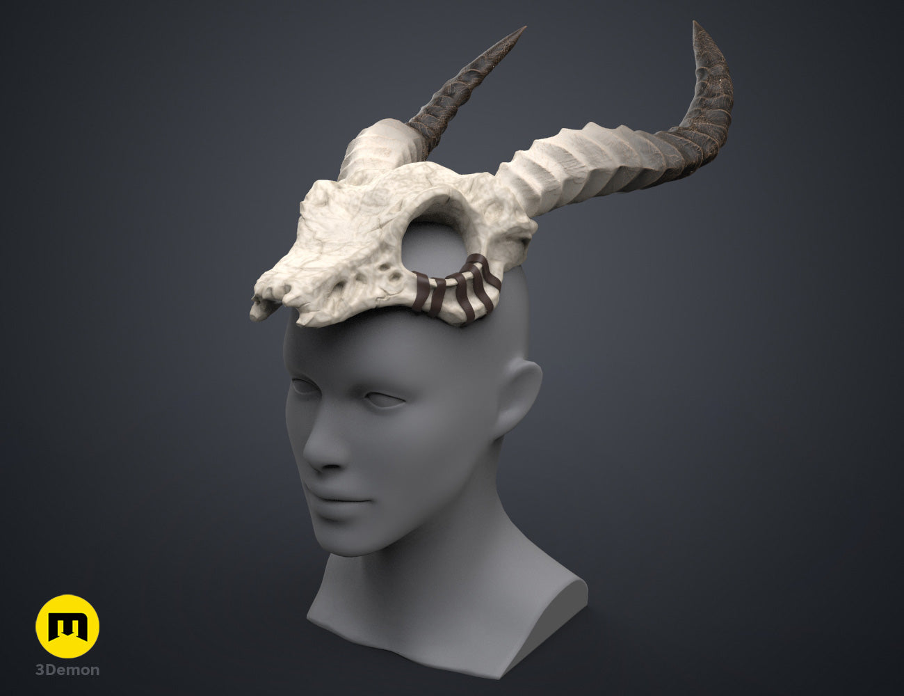 Printable 3D model of Shaman Skull with Horns, two curved horns, bone-textured cosplay prop.