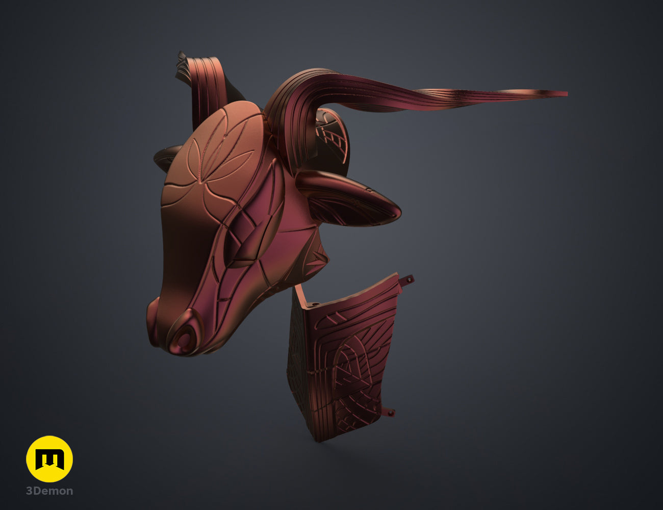 Textured 3D render of Bull Helmet STL, red metallic horned helmet with intricate faceplate.