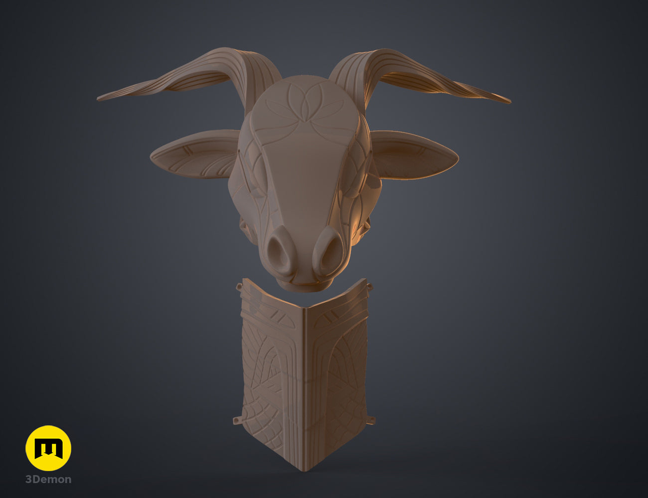 Textured 3D render of Bull Helmet STL, brown ram horns, two curved prongs, 3D print.
