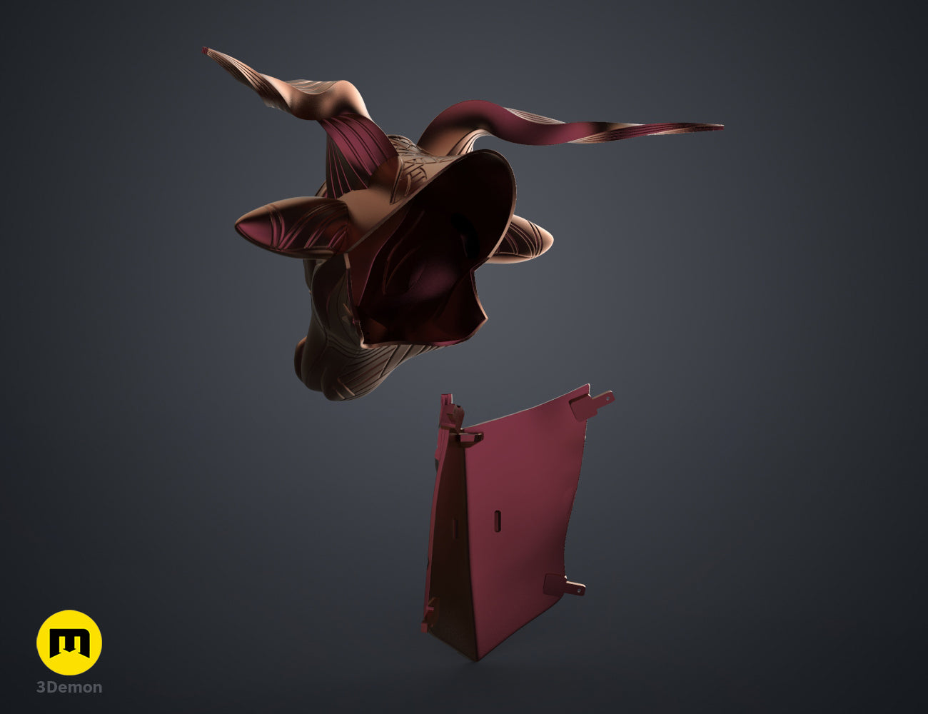 Textured 3D render of Bull Helmet STL, maroon and gold metallic 3D printed cosplay prop.