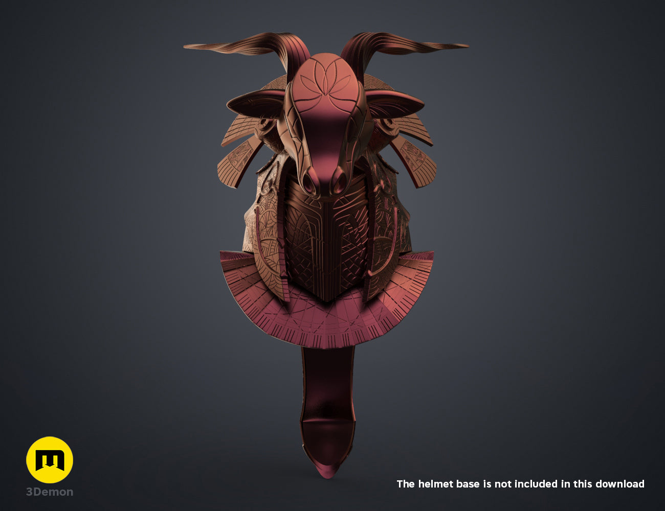 Textured 3D render of Bull Helmet STL, red metallic horned cosplay prop, 3D print.