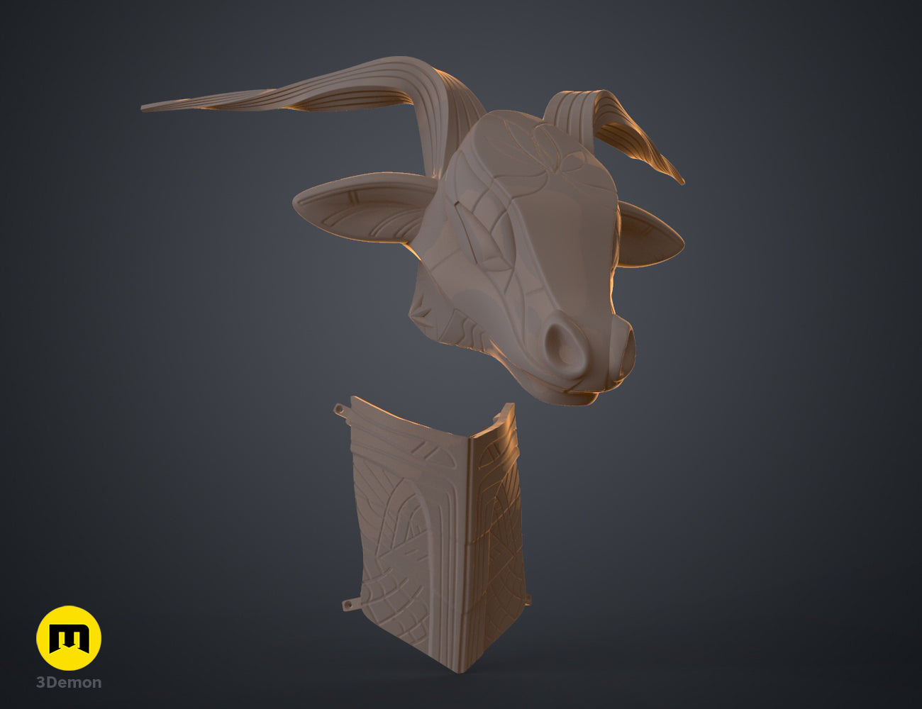 Textured 3D render of Bull Helmet STL, brown horned bull head with detailed face.