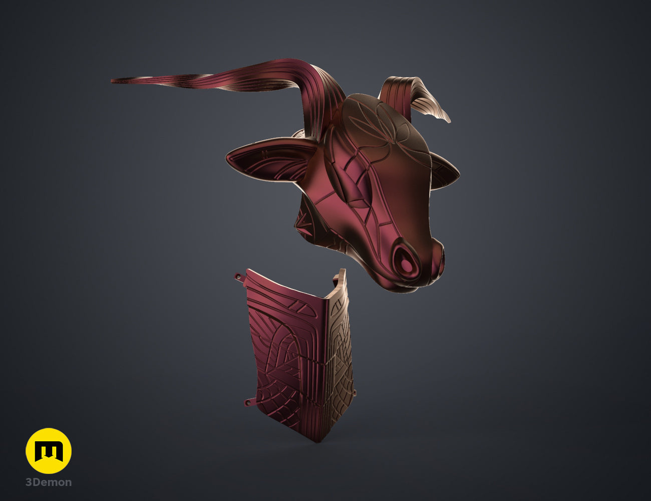 Textured 3D render of Bull Helmet STL, red metallic horned helmet with two curved prongs.