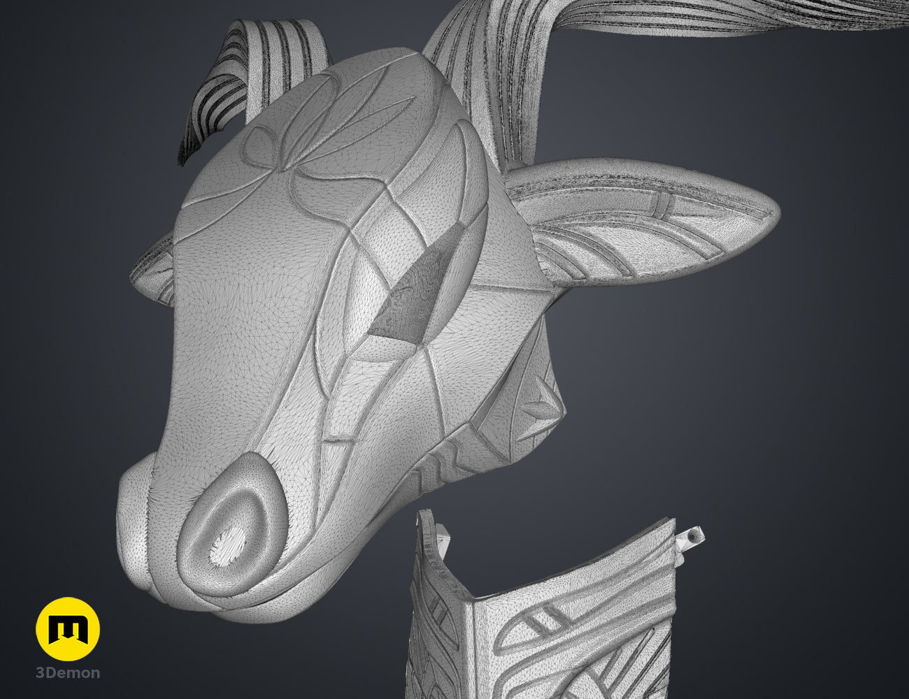 Wireframe mesh render of Bull Helmet STL, grey textured mesh with horn and wing details, 3D print.