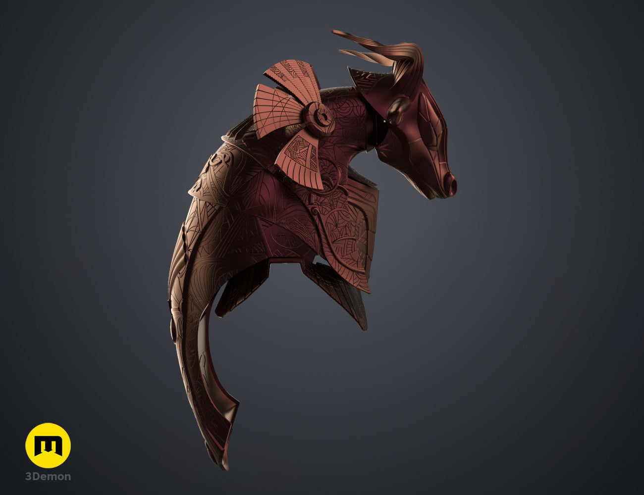 Textured 3D render of Bull Helmet STL, red metallic armor with intricate horn and face guard.