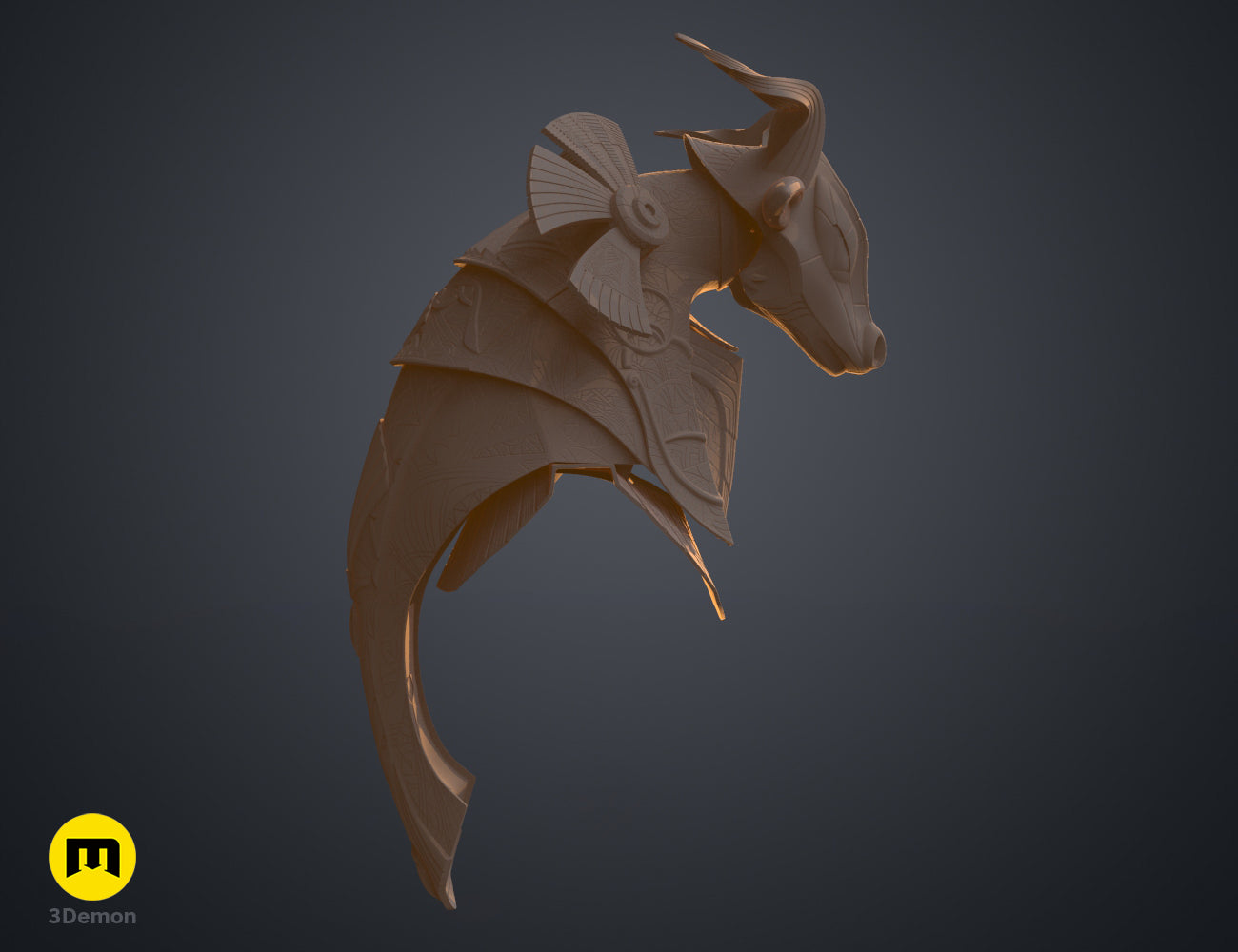 Textured 3D render of Bull Helmet STL, brown metallic horned bull head cosplay prop.