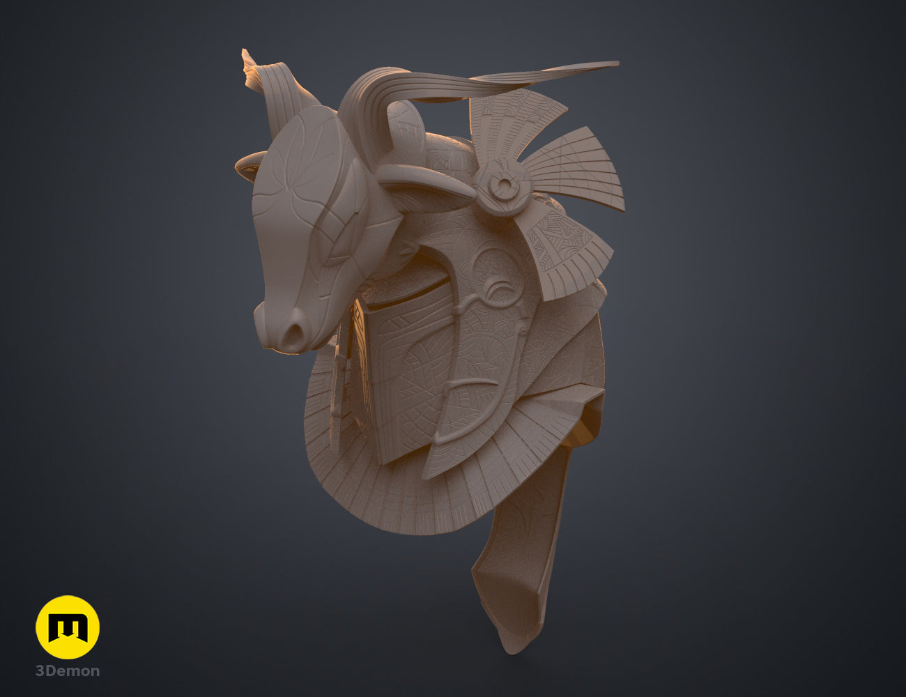 Printable 3D model of Bull Helmet, textured bronze bull-head helmet with intricate armor plates.